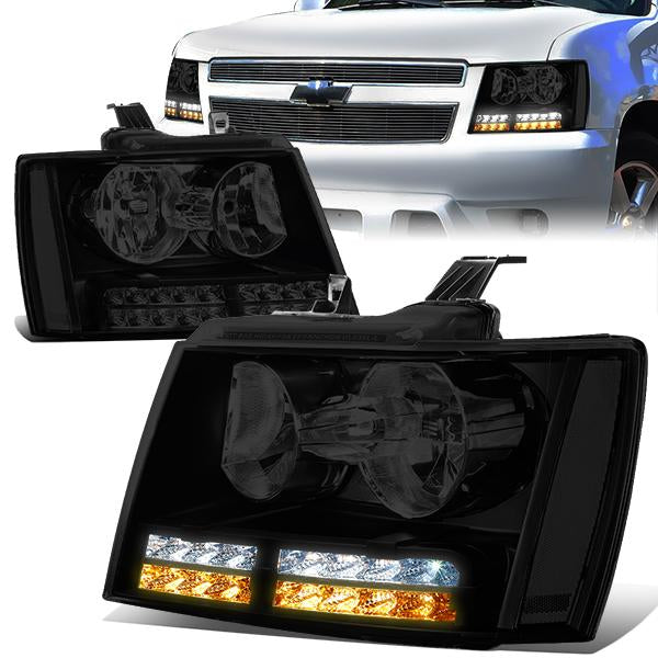 07-14 Tahoe Suburban Headlights - LED DRL+Turn Signal - Smoked Lens - Clear Corner - Pair - 1