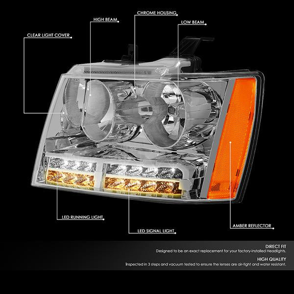 07-14 Tahoe Suburban Headlights - LED DRL+Turn Signal - Clear Lens - Amber Corner - Pair - 2