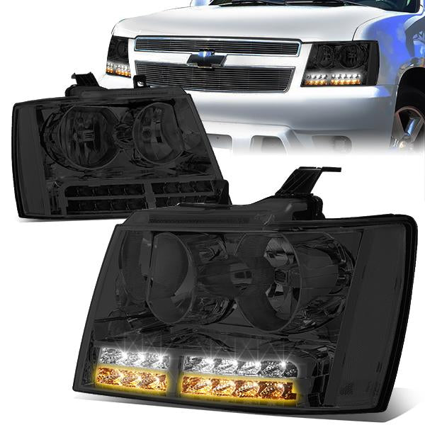 07-14 Tahoe Suburban Headlights - LED DRL+Turn Signal - Smoked Lens - Clear Corner - Pair - 1