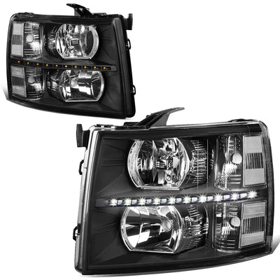 D-Motoring - 07-14 Chevy Silverado Headlights - LED DRL Strip - Clear Lens - Clear Corner - Plug-n-Play - Pair - 1