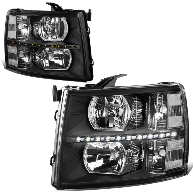 D-Motoring - 07-14 Chevy Silverado Headlights - LED DRL Strip - Clear Lens - Clear Corner - Plug-n-Play - Pair - 1