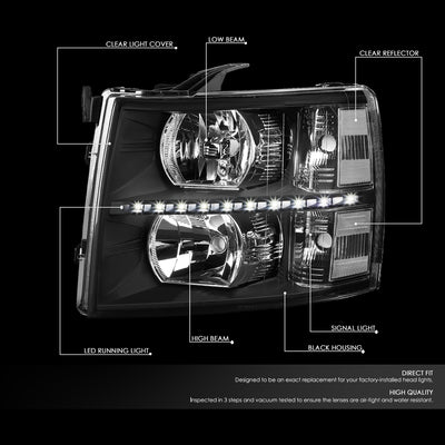 D-Motoring - 07-14 Chevy Silverado Headlights - LED DRL Strip - Clear Lens - Clear Corner - Plug-n-Play - Pair - 2