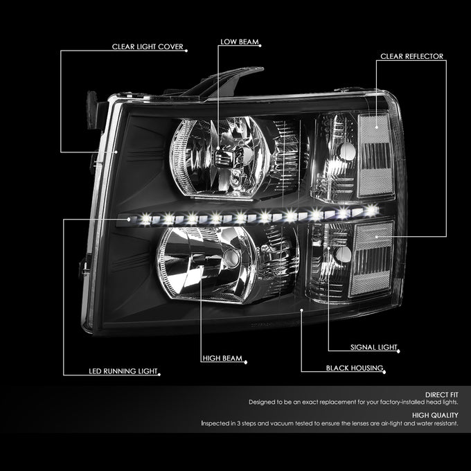 D-Motoring - 07-14 Chevy Silverado Headlights - LED DRL Strip - Clear Lens - Clear Corner - Plug-n-Play - Pair - 2