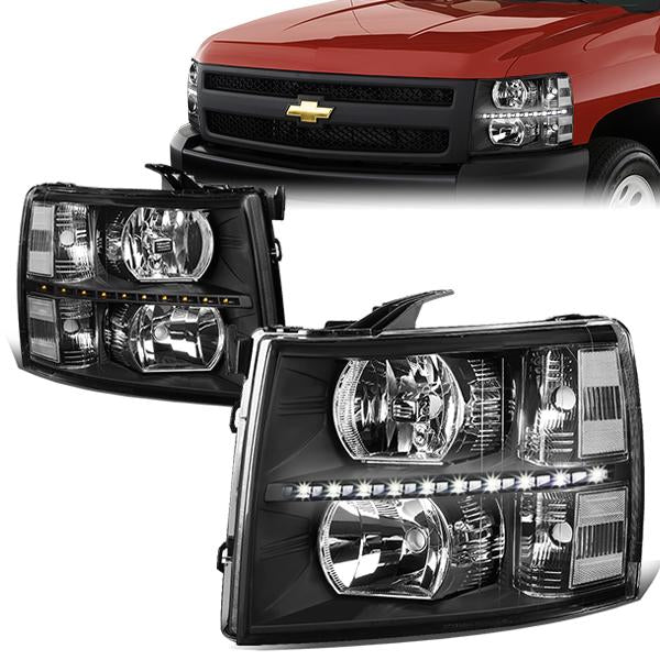 07-14 Chevy Silverado Headlights - LED DRL Strip - Clear Lens - Clear Corner - Plug-n-Play - Pair