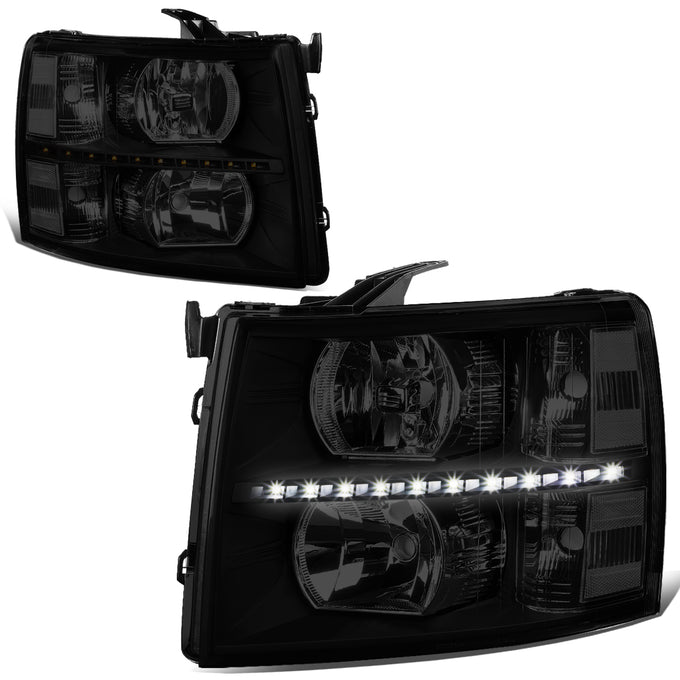 D-Motoring - 07-14 Chevy Silverado Headlights - LED DRL Strip - Smoked Lens - Clear Corner - Plug-n-Play - Pair - 1