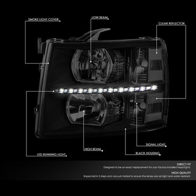 D-Motoring - 07-14 Chevy Silverado Headlights - LED DRL Strip - Smoked Lens - Clear Corner - Plug-n-Play - Pair - 2