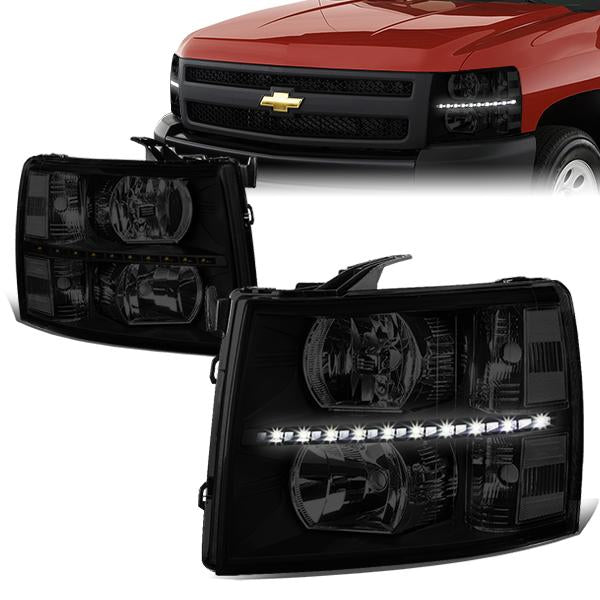 07-14 Chevy Silverado Headlights - LED DRL Strip - Smoked Lens - Clear Corner - Plug-n-Play - Pair
