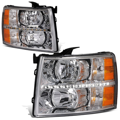 D-Motoring - 07-14 Chevy Silverado Headlights - LED DRL Strip - Clear Lens - Amber Corner - Plug-n-Play - Pair - 1