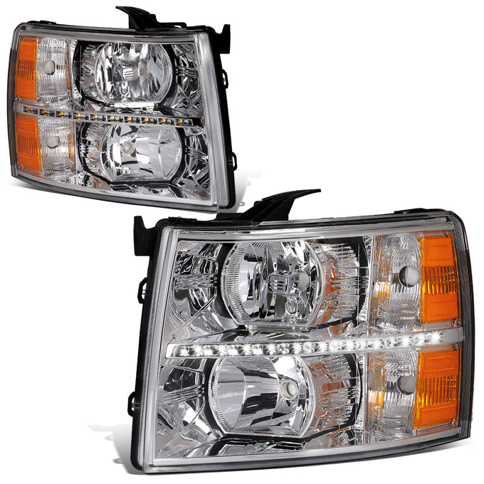 D-Motoring - 07-14 Chevy Silverado Headlights - LED DRL Strip - Clear Lens - Amber Corner - Plug-n-Play - Pair - 1