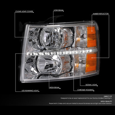 D-Motoring - 07-14 Chevy Silverado Headlights - LED DRL Strip - Clear Lens - Amber Corner - Plug-n-Play - Pair - 2