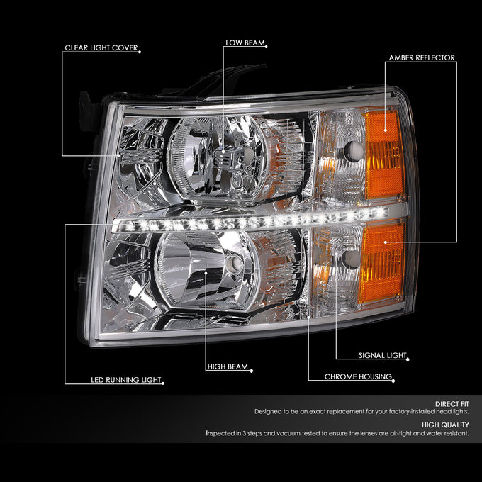 D-Motoring - 07-14 Chevy Silverado Headlights - LED DRL Strip - Clear Lens - Amber Corner - Plug-n-Play - Pair - 2