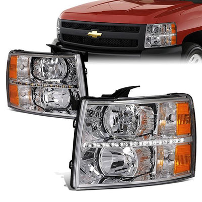 07-14 Chevy Silverado Headlights - LED DRL Strip - Clear Lens - Amber Corner - Plug-n-Play - Pair