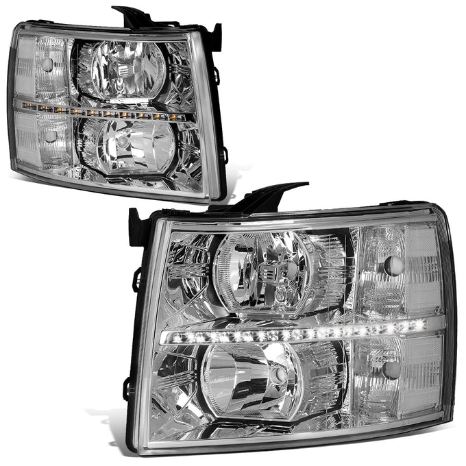 D-Motoring - 07-14 Chevy Silverado Headlights - LED DRL Strip - Clear Lens - Clear Corner - Plug-n-Play - Pair - 1