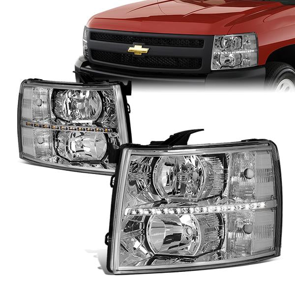 07-14 Chevy Silverado Headlights - LED DRL Strip - Clear Lens - Clear Corner - Plug-n-Play - Pair