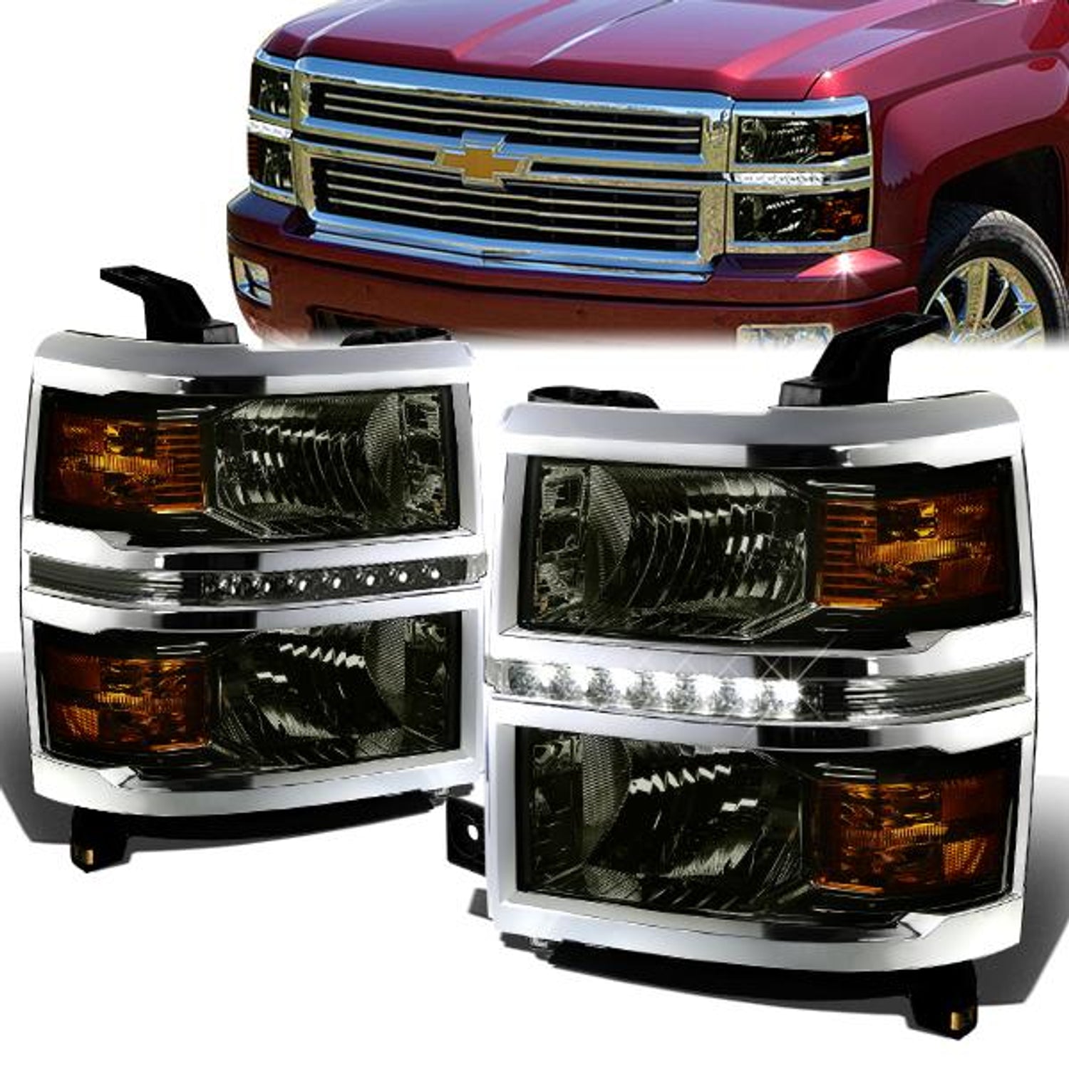 14-15 Chevrolet Silverado 1500 Headlights - LED DRL - Smoked Housing - Amber Corner - Pair