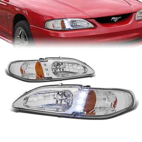 94-98 Ford Mustang Headlights - LED DRL - Chrome Housing - Amber Corner - Plug-n-Play - Pair