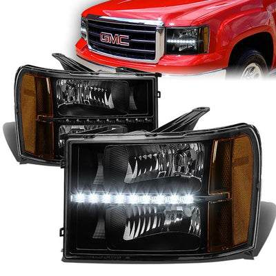 07-14 GMC Sierra 1500 2500 3500 Headlights - LED DRL - Black Housing - Amber Corner - Plug-n-Play - Pair