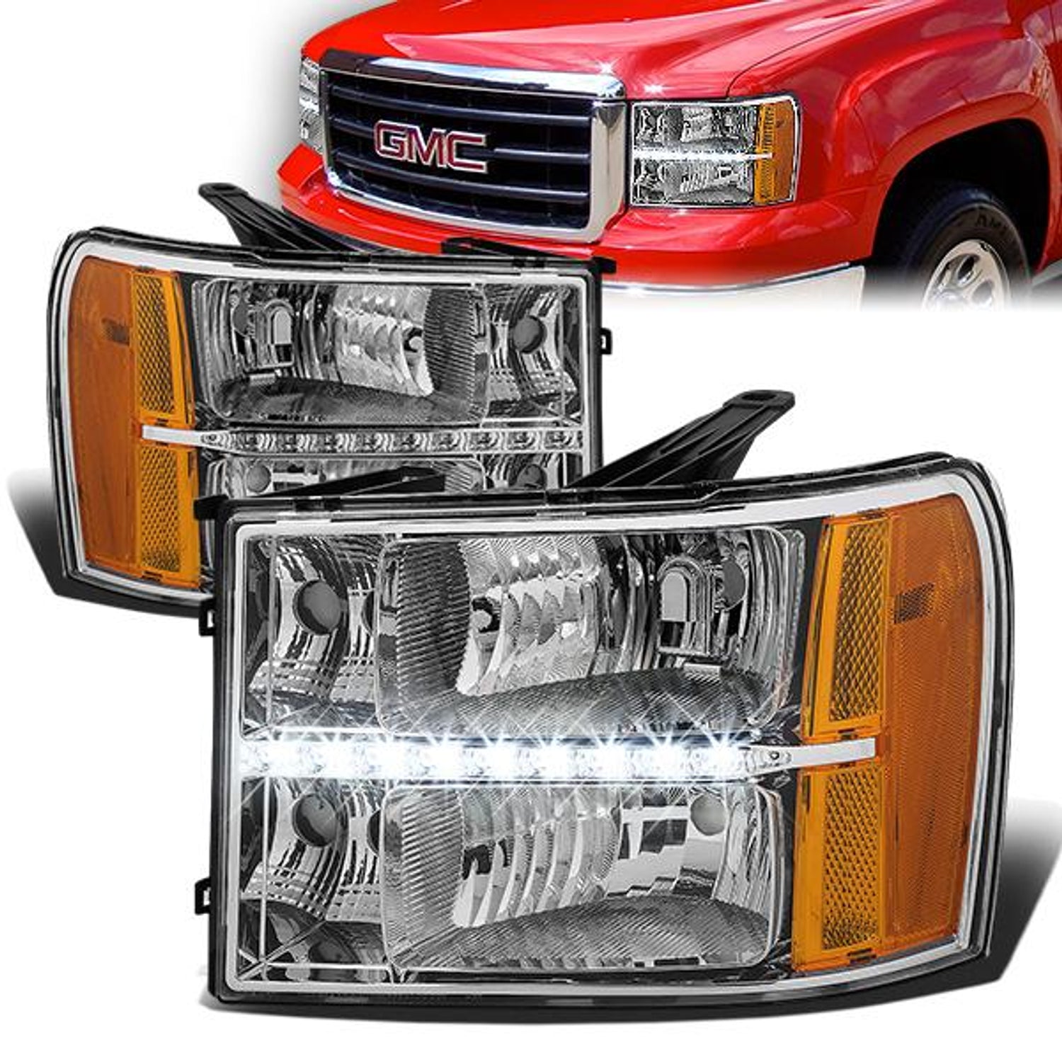 07-14 GMC Sierra 1500 2500 3500 Headlights - LED DRL - Chrome Housing - Amber Corner - Plug-n-Play - Pair
