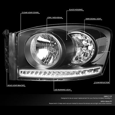 06-09 Ram Truck LED DRL Headlights - Black Housing - Clear Lens - Clear Corner - Pair - HL-LED-RM06-BK-CL1 - 2