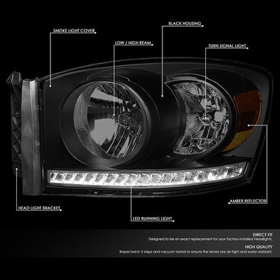 06-09 Ram Truck LED DRL Headlights - Smoked Housing - Smoked Lens - Amber Corner - Pair - HL-LED-RM06-BK-SM-AM - 2
