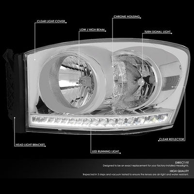 06-09 Ram Truck LED DRL Headlights - Chrome Housing - Clear Lens - Clear Corner - Pair - HL-LED-RM06-CH-CL1 - 2