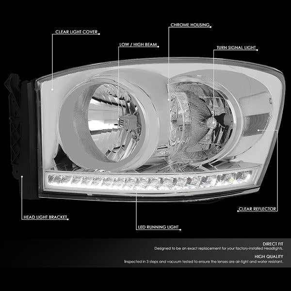 06-09 Ram Truck LED DRL Headlights - Chrome Housing - Clear Lens - Clear Corner - Pair - HL-LED-RM06-CH-CL1 - 2