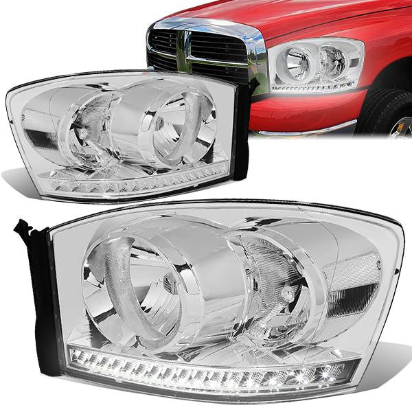 06-09 Ram Truck LED DRL Headlights - Chrome Housing - Clear Lens - Clear Corner - Pair - HL-LED-RM06-CH-CL1 - 1