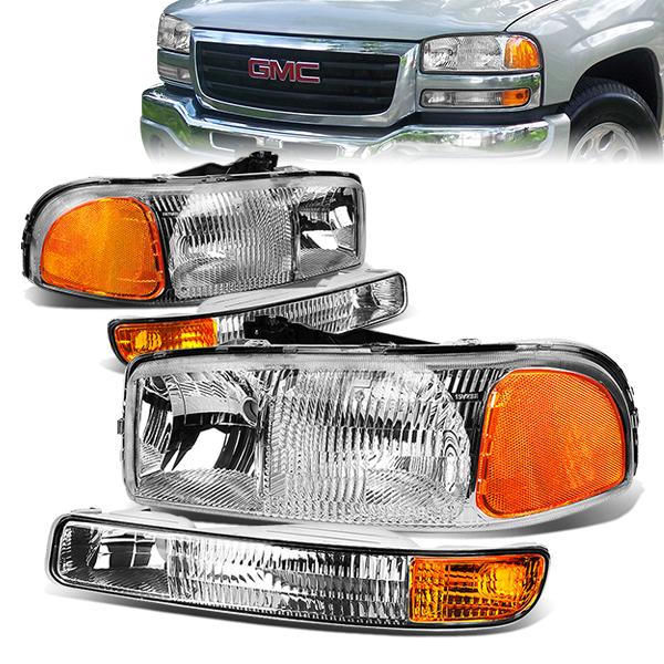 99-07 GMC Sierra 1500 2500 3500 C3 Yukon Headlights - Chrome Housing - Amber Corner - Plug-n-Play - Pair