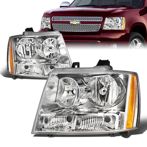 07-14 Chevrolet Tahoe Avalanche Suburban 1500 2500 Headlights - Chrome Housing - Amber Corner - Plug-n-Play - Pair
