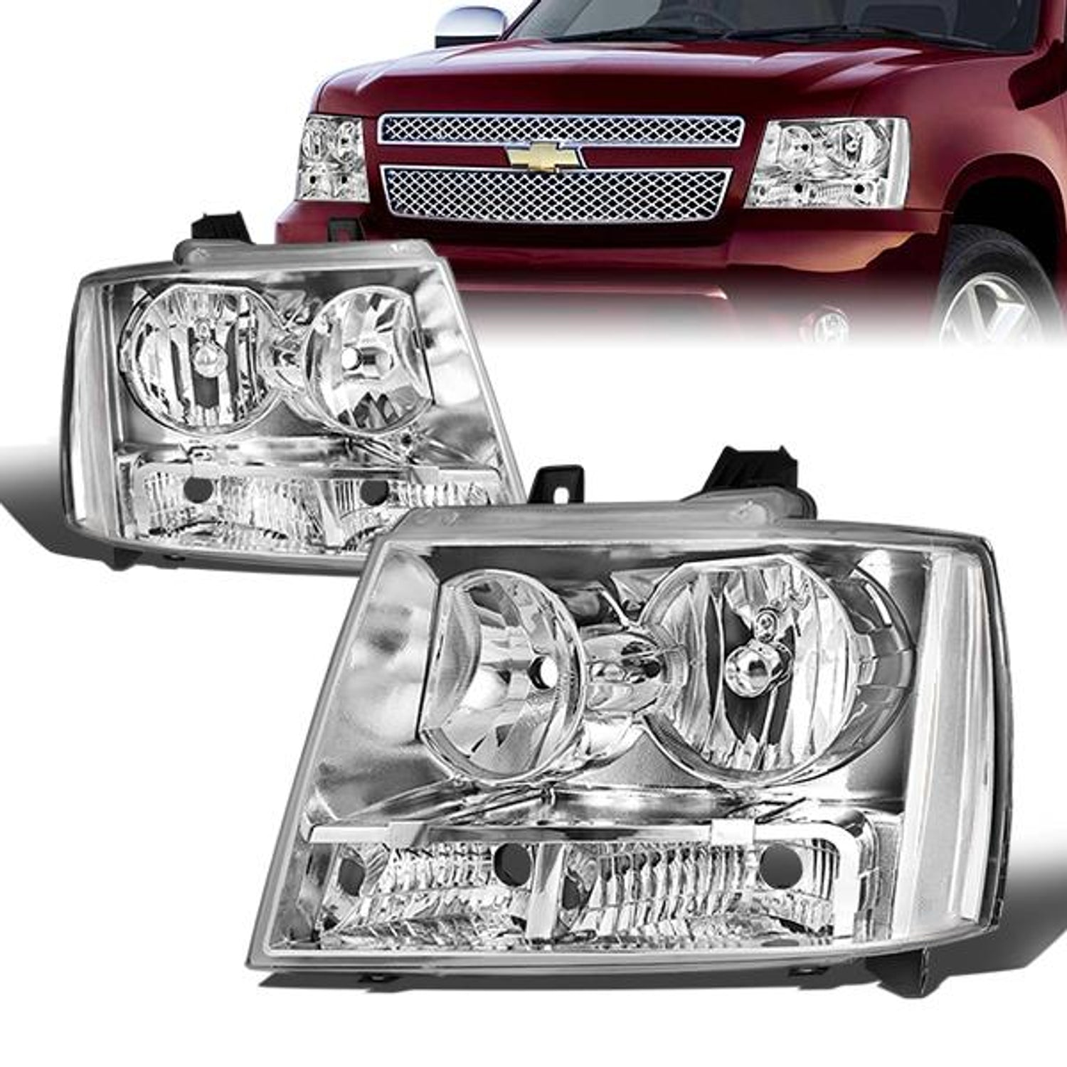 07-14 Chevrolet Tahoe Avalanche Suburban 1500 2500 Headlights - Chrome Housing - Clear Corner - Plug-n-Play - Pair