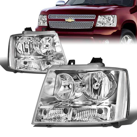 07-14 Chevrolet Tahoe Avalanche Suburban 1500 2500 Headlights - Chrome Housing - Clear Corner - Plug-n-Play - Pair