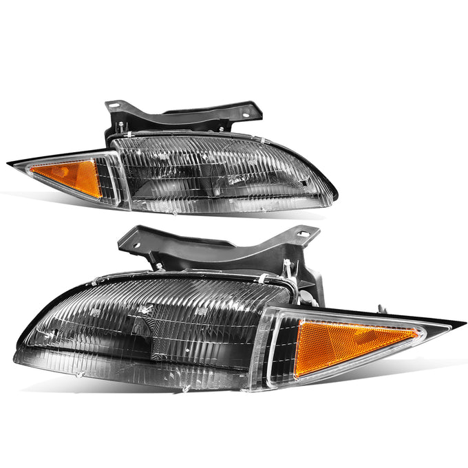 D-Motoring - 95-99 Chevy Cavalier Headlights - Black Housing - Clear Lens - Amber Corner - Plug-n-Play - Pair - 1