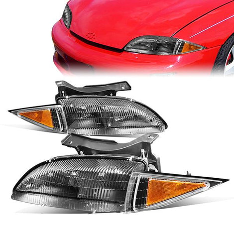 95-99 Chevy Cavalier Headlights - Black Housing - Clear Lens - Amber Corner - Plug-n-Play - Pair