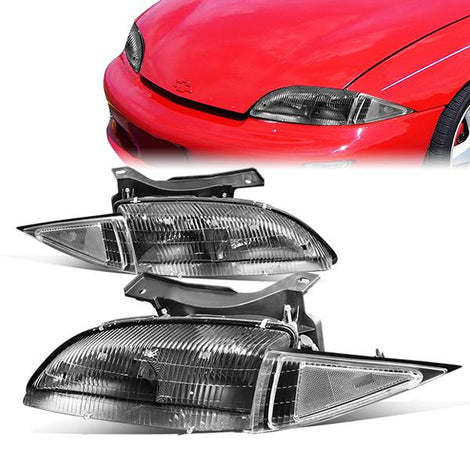 95-99 Chevy Cavalier Headlights - Black Housing - Clear Lens - Clear Corner - Plug-n-Play - Pair