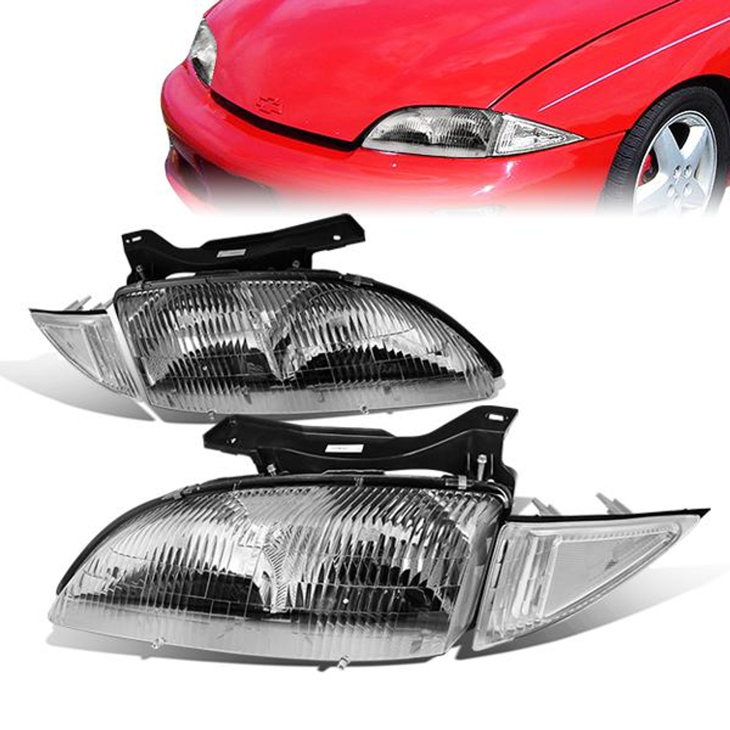 95-99 Chevy Cavalier Headlights - Chrome Housing - Clear Corner - Plug-n-Play - Pair