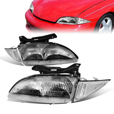 95-99 Chevy Cavalier Headlights - Chrome Housing - Clear Corner - Plug-n-Play - Pair