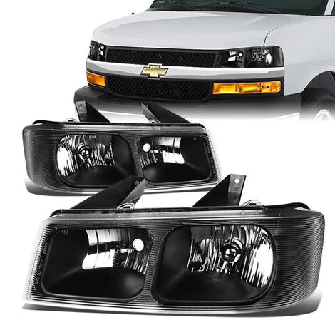 03-17 Chevy Chevrolet Express GMC Savana 1500 2500 3500 Headlights - Black Housing - Plug-n-Play - Pair
