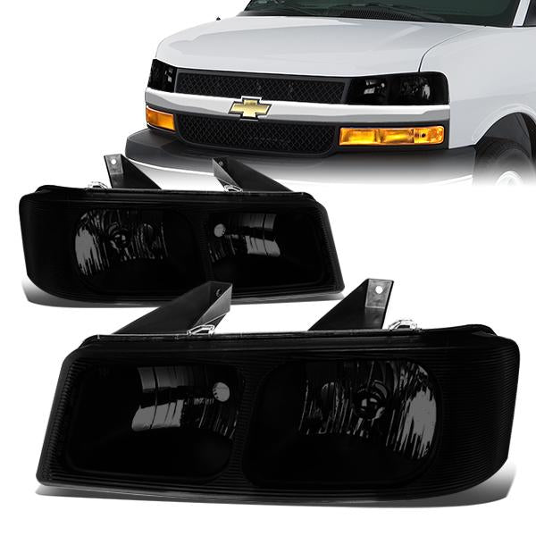 03-17 Chevy Chevrolet Express GMC Savana 1500 2500 3500 Headlights - Smoked Housing - Smoked Lens - Plug-n-Play - Pair