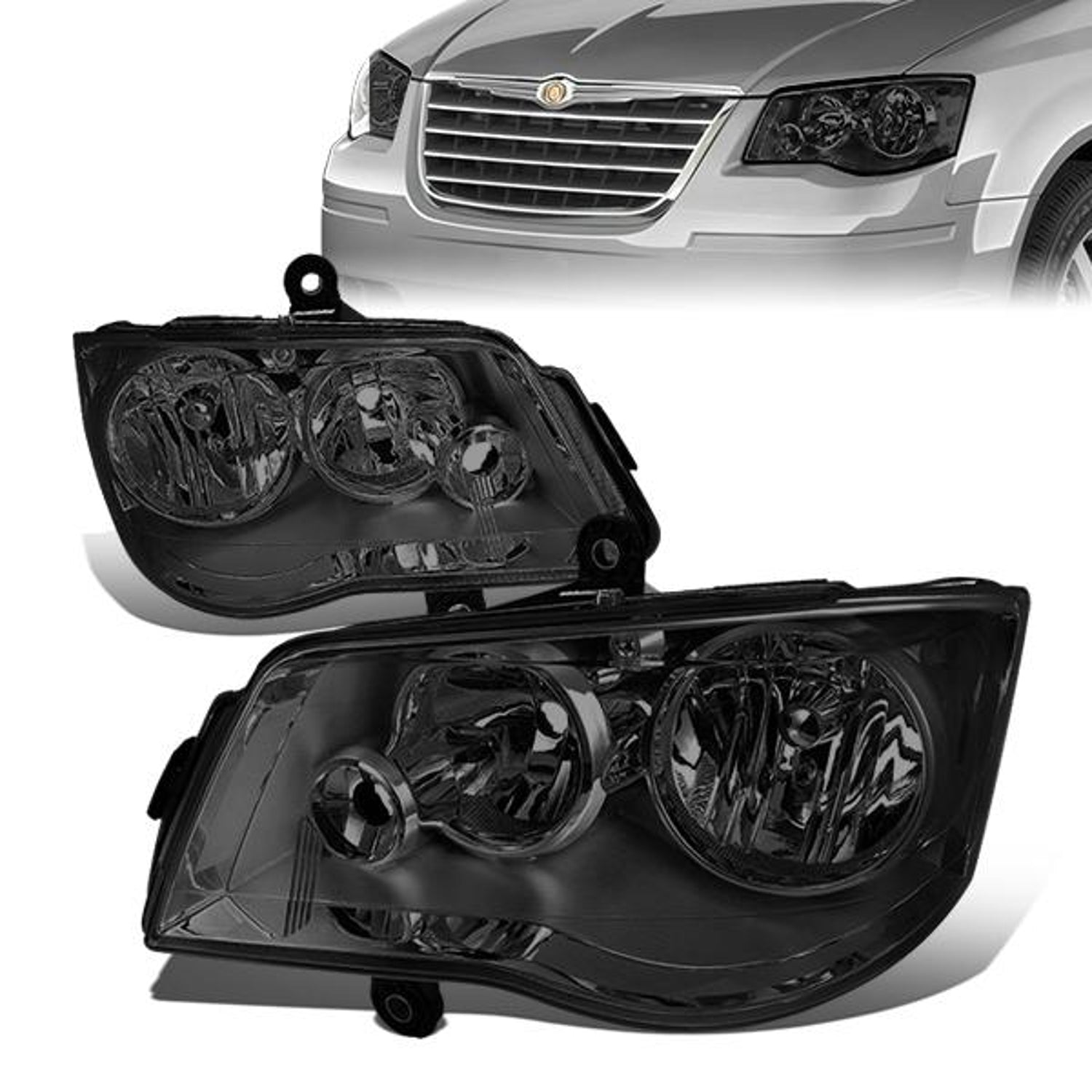 08-17 Chrysler Town Country Dodge Grand Caravan Headlights - Smoked Housing - Smoked Lens - Clear Corner - Plug-n-Play - Pair