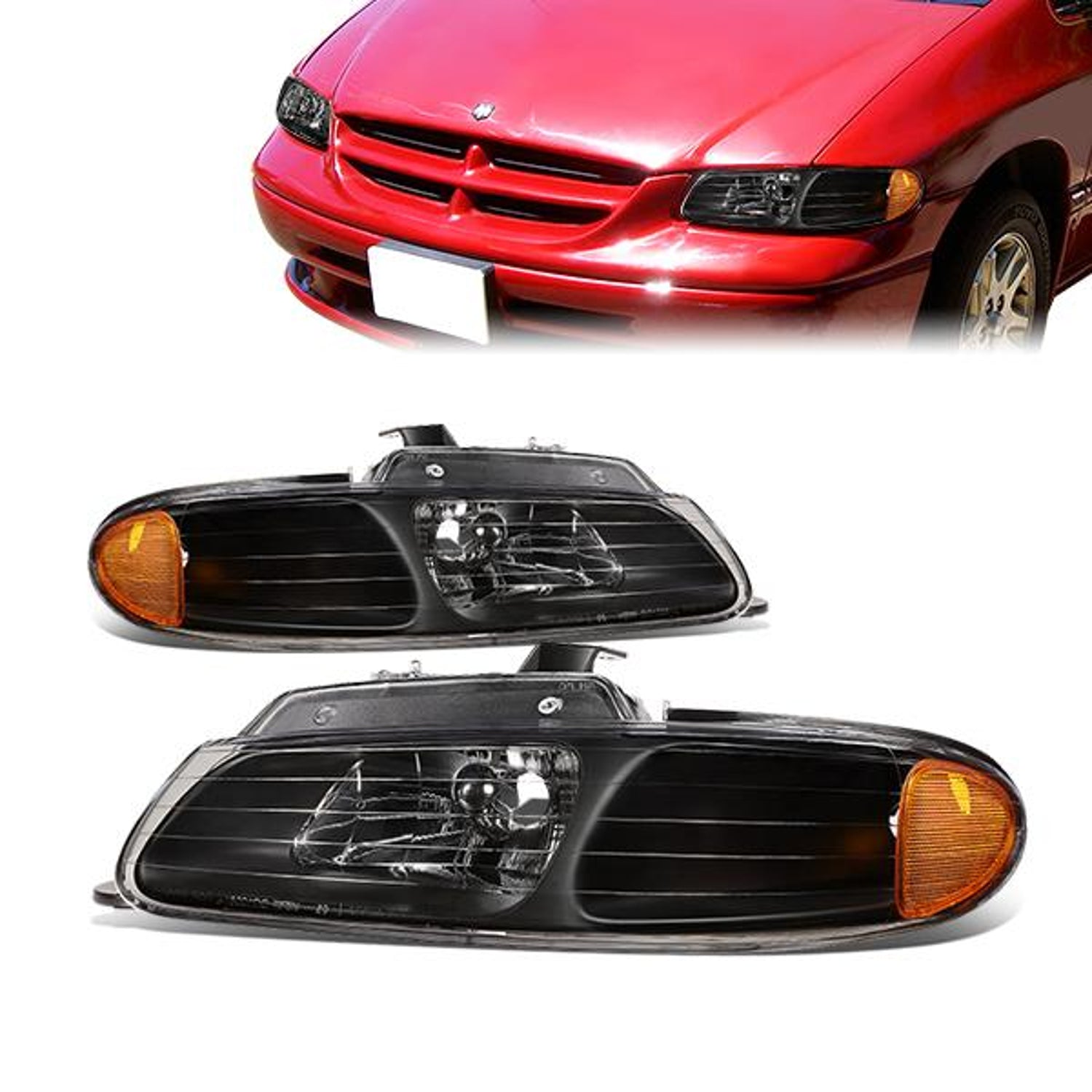 96-99 Dodge Grand Caravan Chrysler Town Country Headlights - Black Housing - Amber Corner - Plug-n-Play - Pair