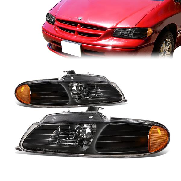 96-99 Dodge Grand Caravan Chrysler Town Country Headlights - Black Housing - Amber Corner - Plug-n-Play - Pair
