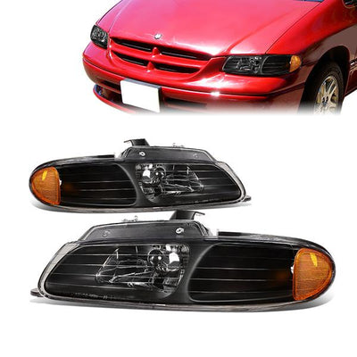 96-99 Dodge Grand Caravan Chrysler Town Country Headlights - Black Housing - Amber Corner - Plug-n-Play - Pair