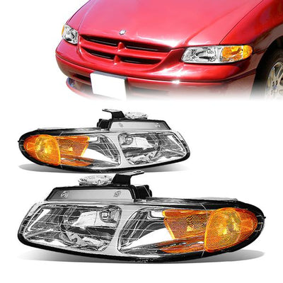 96-99 Dodge Grand Caravan Chrysler Town Country Headlights - Chrome Housing - Amber Corner - Plug-n-Play - Pair