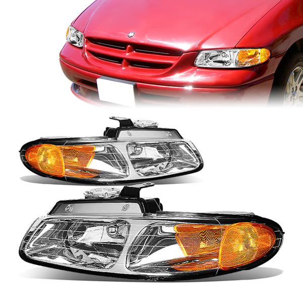 96-99 Dodge Grand Caravan Chrysler Town Country Headlights - Chrome Housing - Amber Corner - Plug-n-Play - Pair