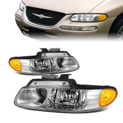 96-99 Town Country Grand Caravan Voyager Headlights - Chrome Housing - Clear Lens - Amber Corner - Projector - Pair