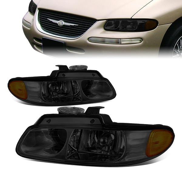 96-99 Town Country Grand Caravan Voyager Headlights - Smoked Housing - Smoked Lens - Amber Corner - Projector - Pair