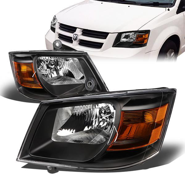 08-10 Dodge Grand Caravan Headlights - Black Housing - Amber Corner - Plug-n-Play - Pair