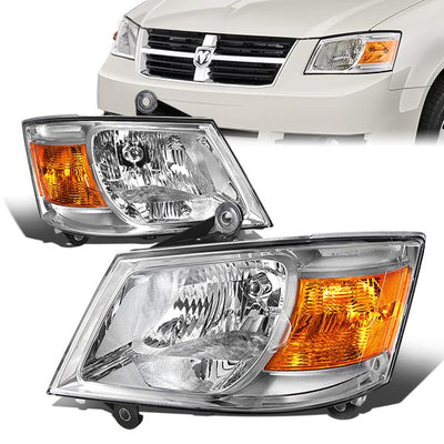08-10 Dodge Grand Caravan Headlights - Chrome Housing - Clear Lens - Amber Corner - Plug-n-Play - Pair