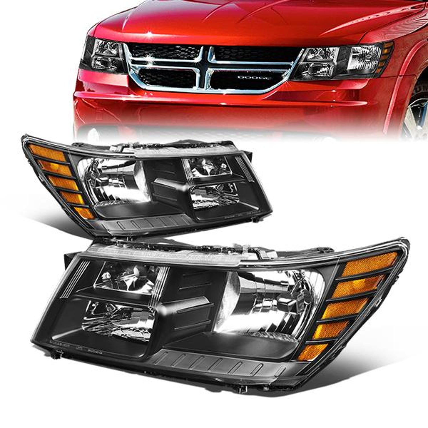 09-17 Dodge Journey Headlights - Black Housing - Clear Lens - Amber Corner - Plug-n-Play - Pair