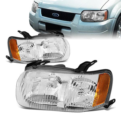 01-04 Ford Escape Headlights - Chrome Housing - Clear Lens - Amber Corner - Plug-n-Play - Pair